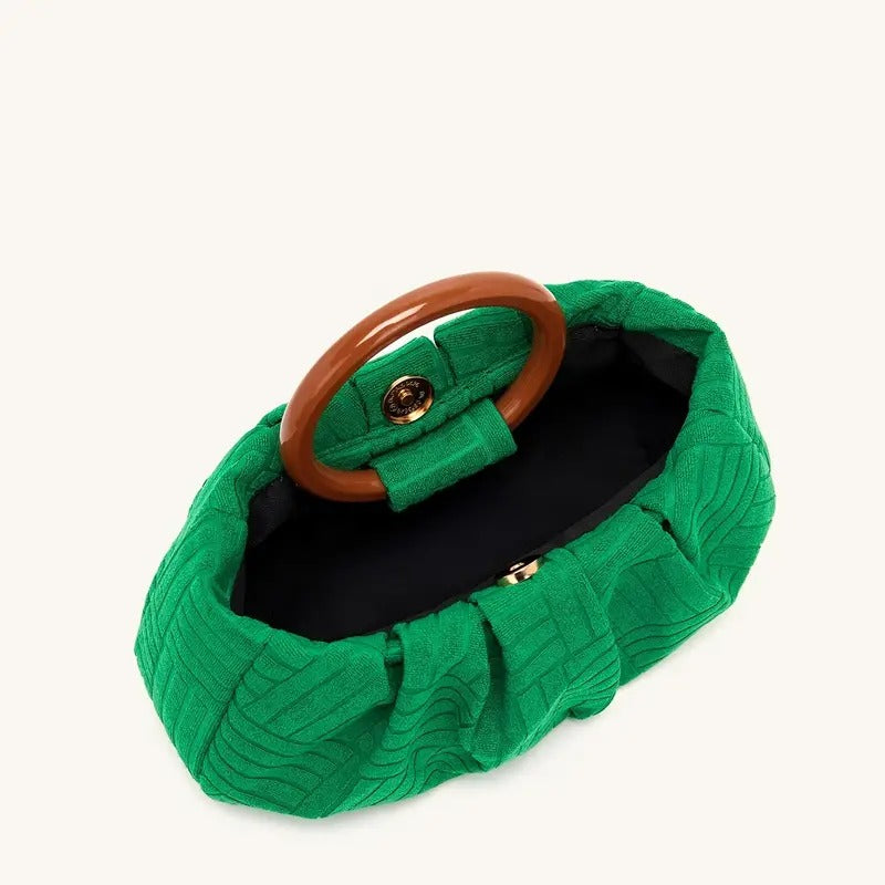 Sac ruché à poignée supérieure, sac à main en tissu Jacquard vert, sac à main d’embrayage élégant pour femmes