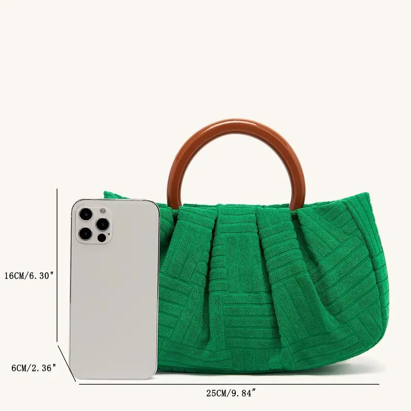 Sac ruché à poignée supérieure, sac à main en tissu Jacquard vert, sac à main d’embrayage élégant pour femmes