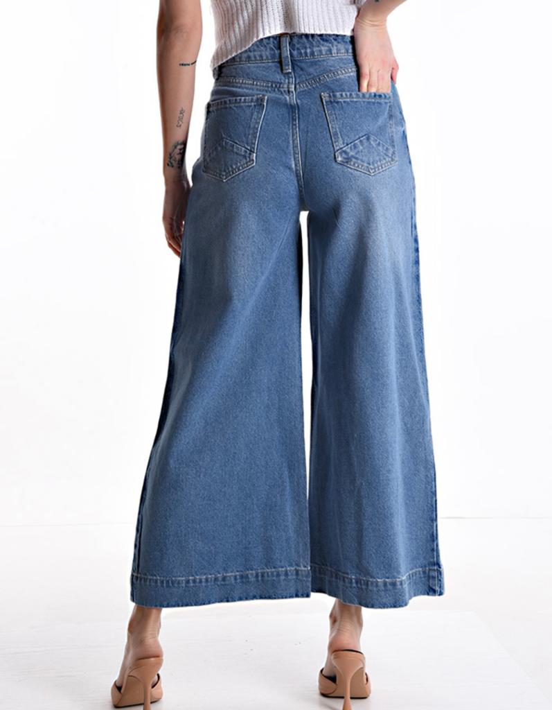 Jeans en Coton wide leg avec poches avec strass.