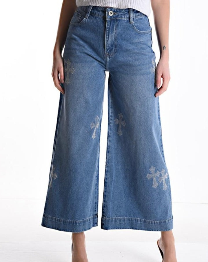 Jeans en Coton wide leg avec poches avec strass.