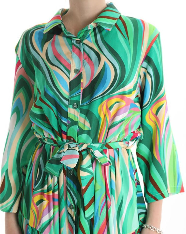 Robe chemise Imprimé coloré à volants avec noeud.