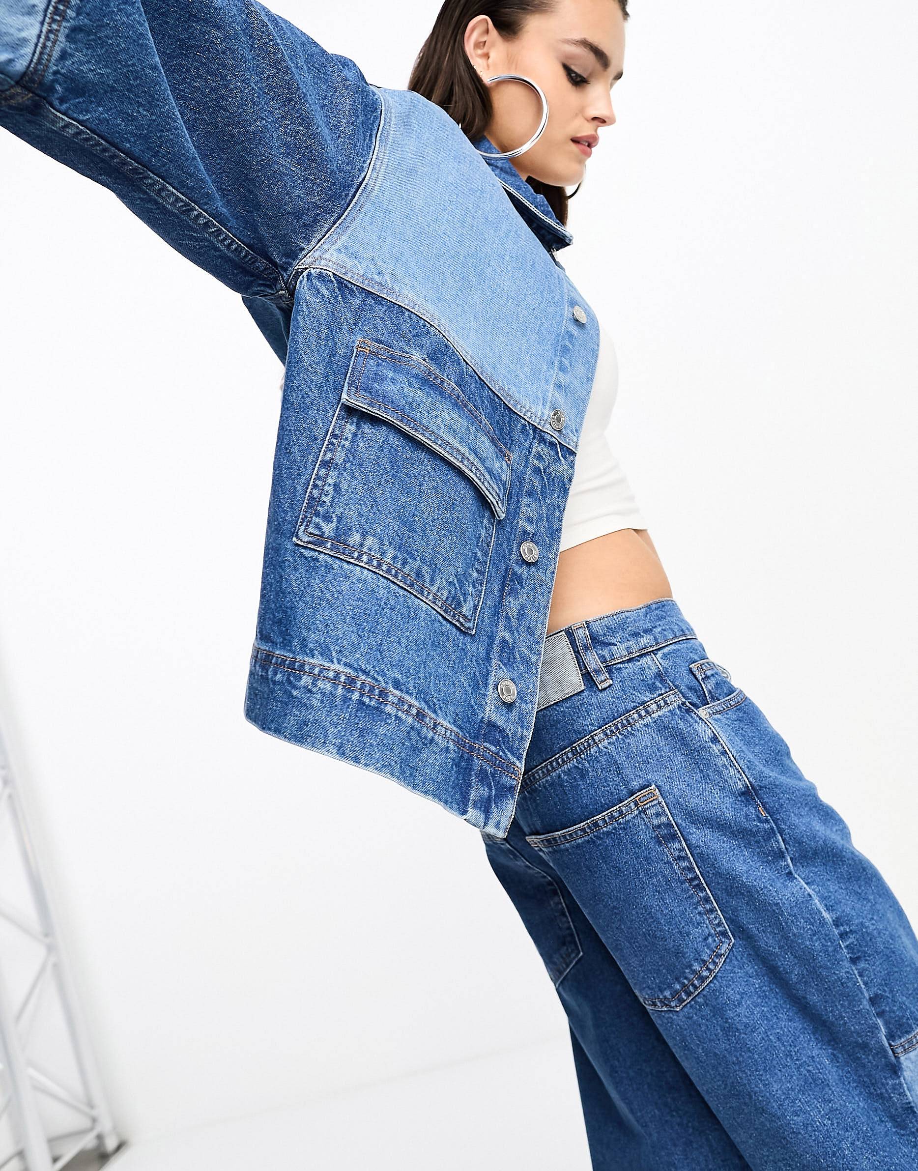 ensemble complet de jeans coupe baggy à effet patchwork en bleu