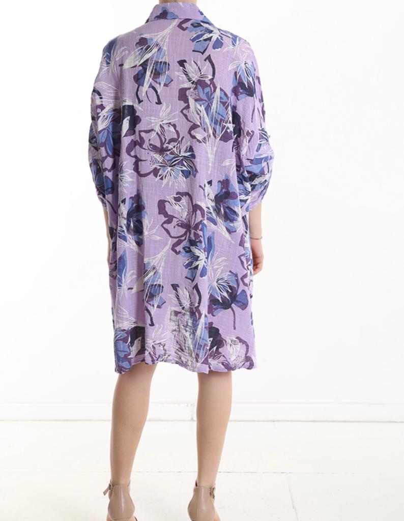 Robe chemise en Coton à genoux à Imprimé Floral manches à trois-quarts