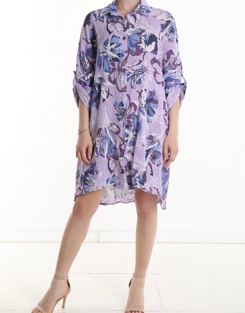 Robe chemise en Coton à genoux à Imprimé Floral manches à trois-quarts